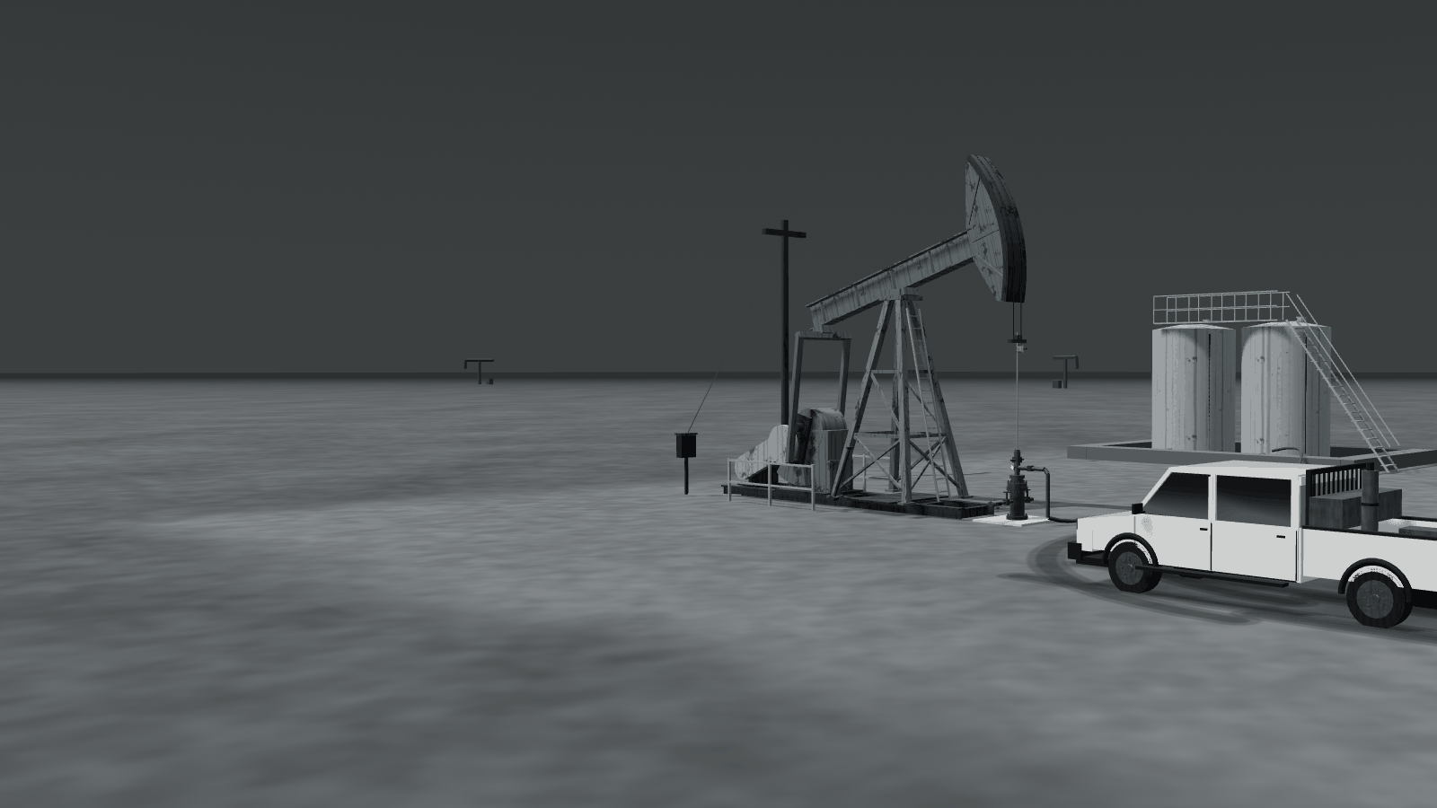 A white work truck parked beside a pump jack on flat oilfield ground, with two storage tanks behind it